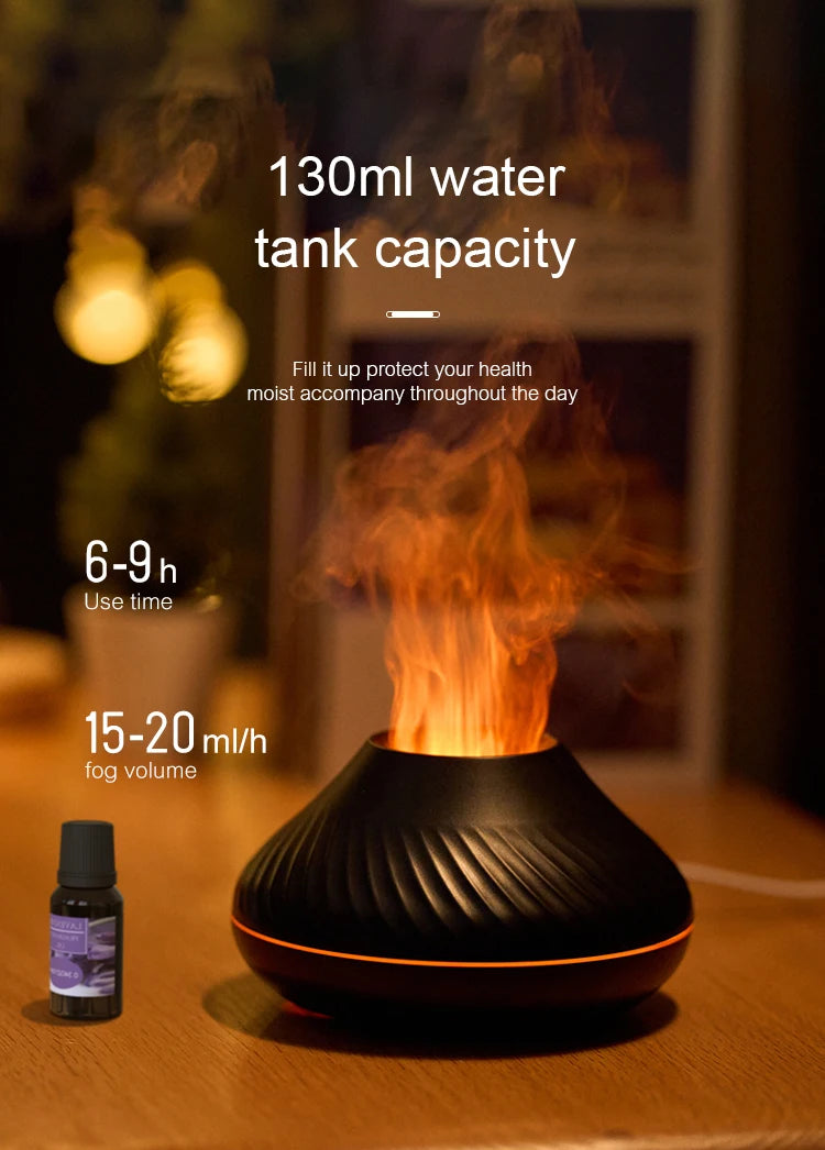 Mini Diffusore Vulcanico USB 130ml – Umidificatore Portatile con Luce Notturna Fiamma Colorata per Oli Essenziali