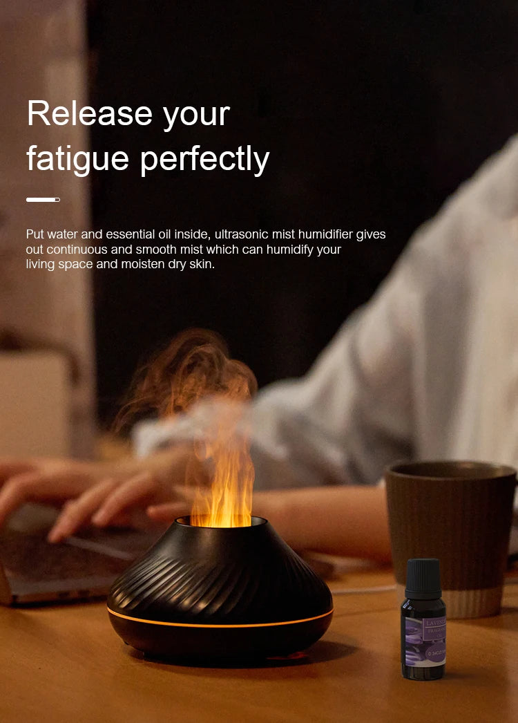 Mini Diffusore Vulcanico USB 130ml – Umidificatore Portatile con Luce Notturna Fiamma Colorata per Oli Essenziali