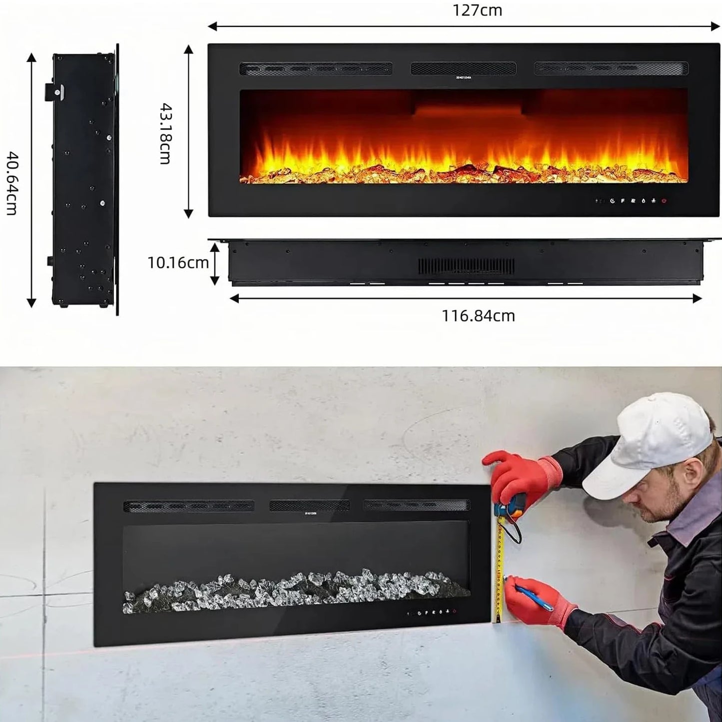 Camino Elettrico da Parete 40/50/60" – 1500W, 220V, Effetto Fiamma Realistico, 12 LED Colorati, 2 Livelli di Riscaldamento, Design Moderno 3D