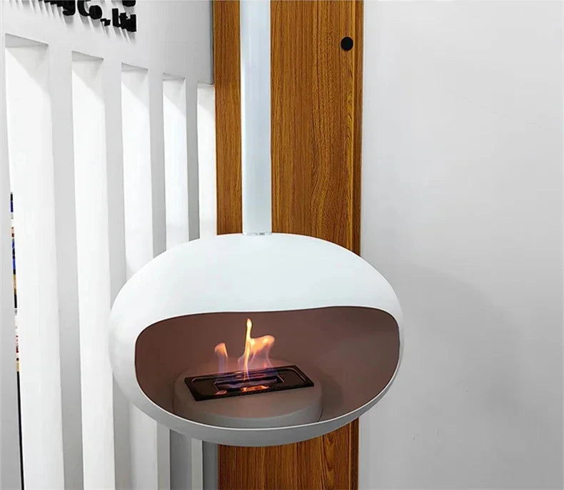 Camino Sospeso a Bioetanolo – Fiamma Reale, Design da Soffitto, Riscaldamento Decorativo Indoor, Senza Fumo né Canne Fumarie
