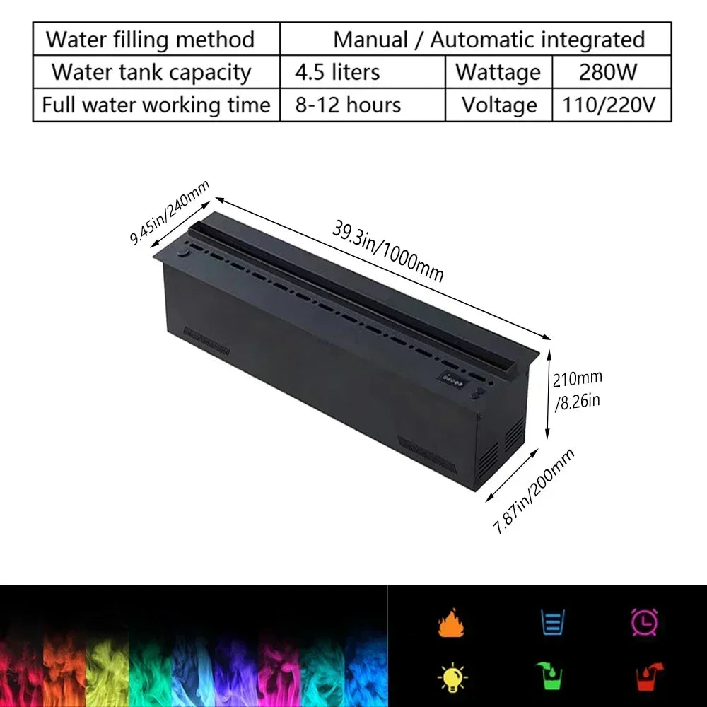 Camino Elettrico 3D a Vapore con LED Fiamma Realistica, Umidificatore, Suono Legna Scoppiettante – Design da Parete per Smart Home e TV Wall
