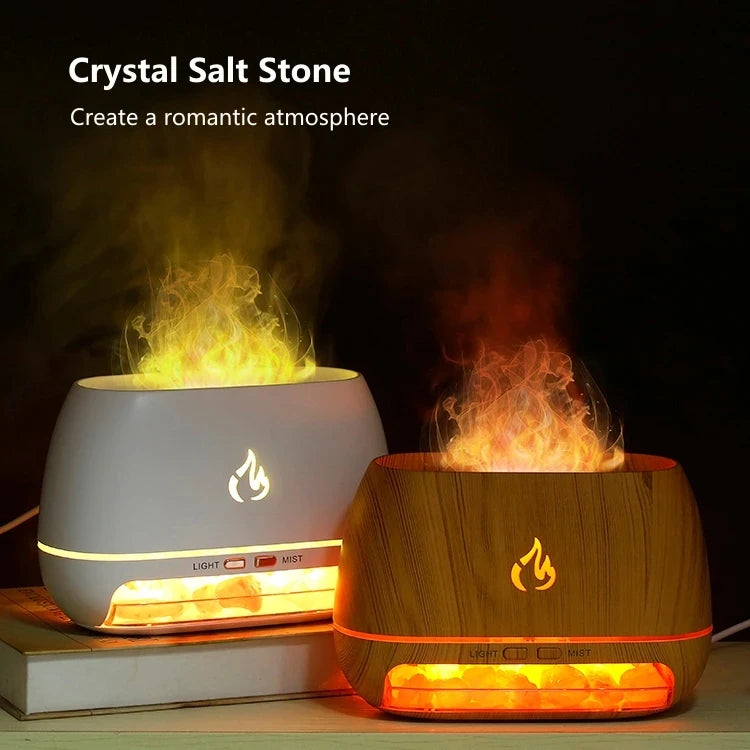 Diffusore di Aromi "Cristallo Himalayano" – Umidificatore con Pietra di Sale, Fiamma 3D e Luce Notturna Colorata