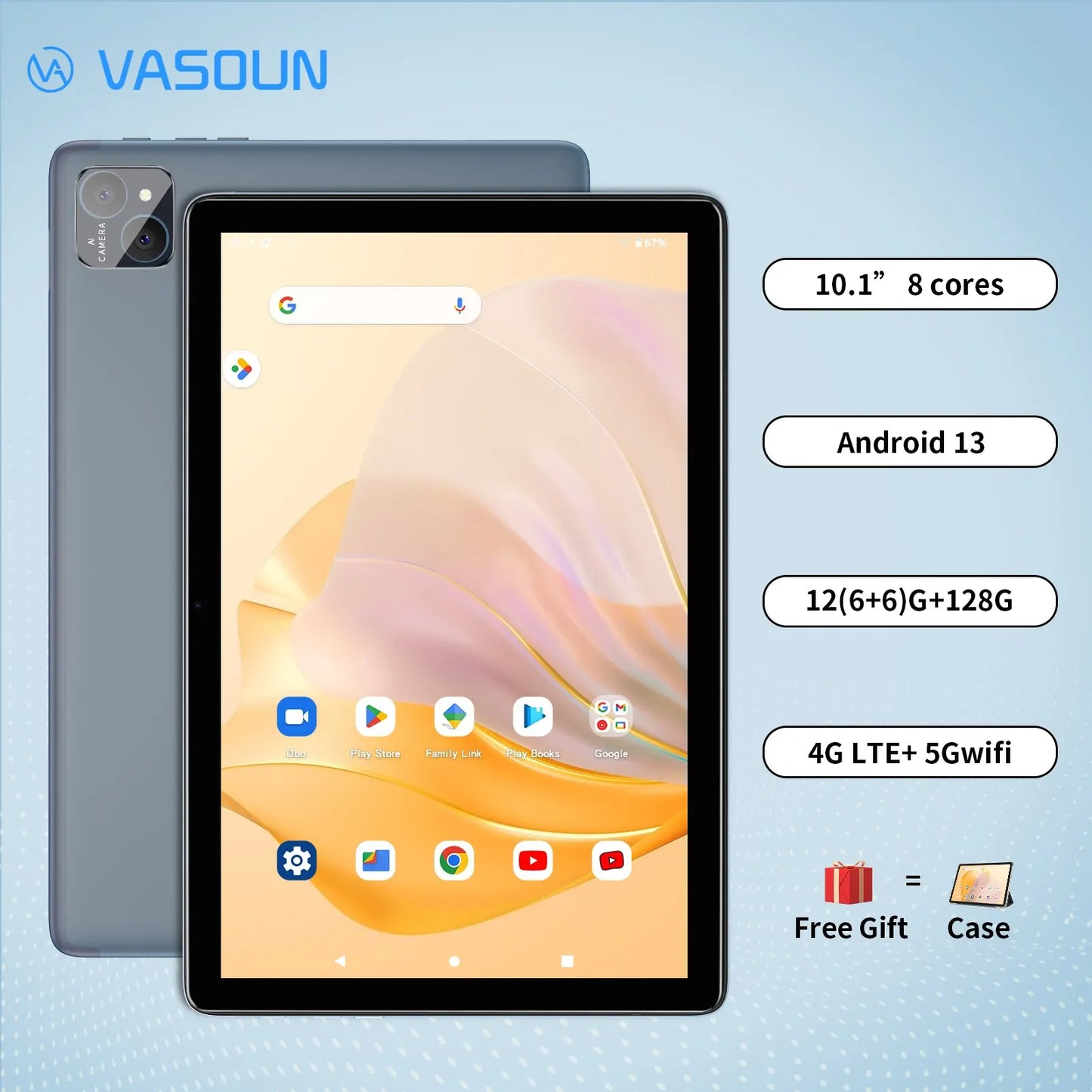 Tablet Android 14 VASOUN 10.1" - 12GB RAM 128GB ROM Dual SIM 4G WiFi 5G Octa Core