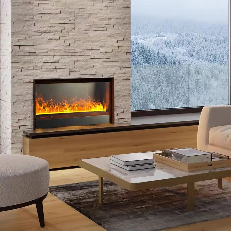 Camino Elettrico 3D a Vapore con LED Fiamma Realistica, Umidificatore, Suono Legna Scoppiettante – Design da Parete per Smart Home e TV Wall