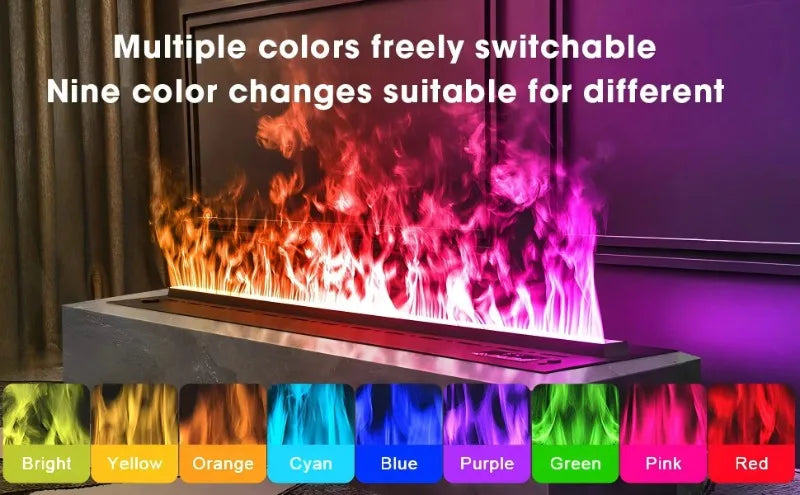 Camino Elettrico 3D a Vapore con LED Fiamma Realistica, Umidificatore, Suono Legna Scoppiettante – Design da Parete per Smart Home e TV Wall