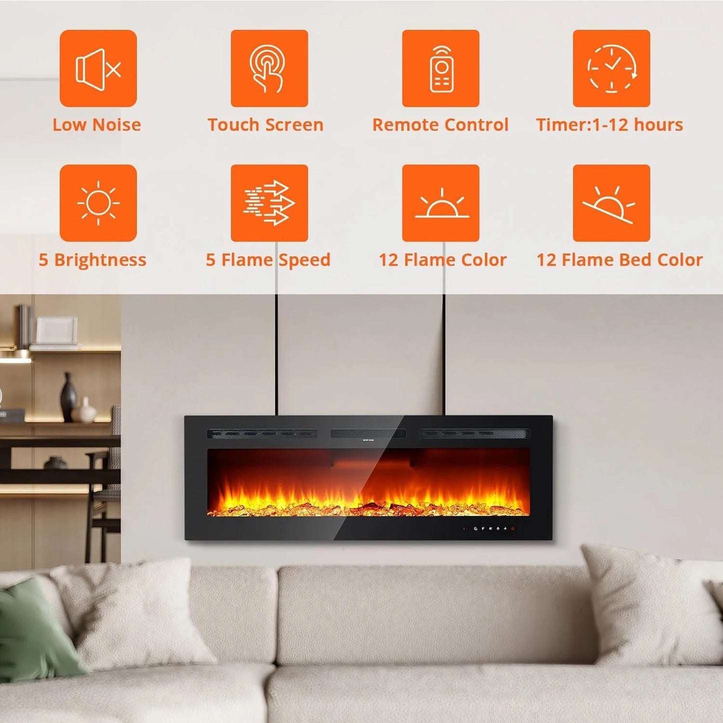 Camino Elettrico da Parete 40/50/60" – 1500W, 220V, Effetto Fiamma Realistico, 12 LED Colorati, 2 Livelli di Riscaldamento, Design Moderno 3D
