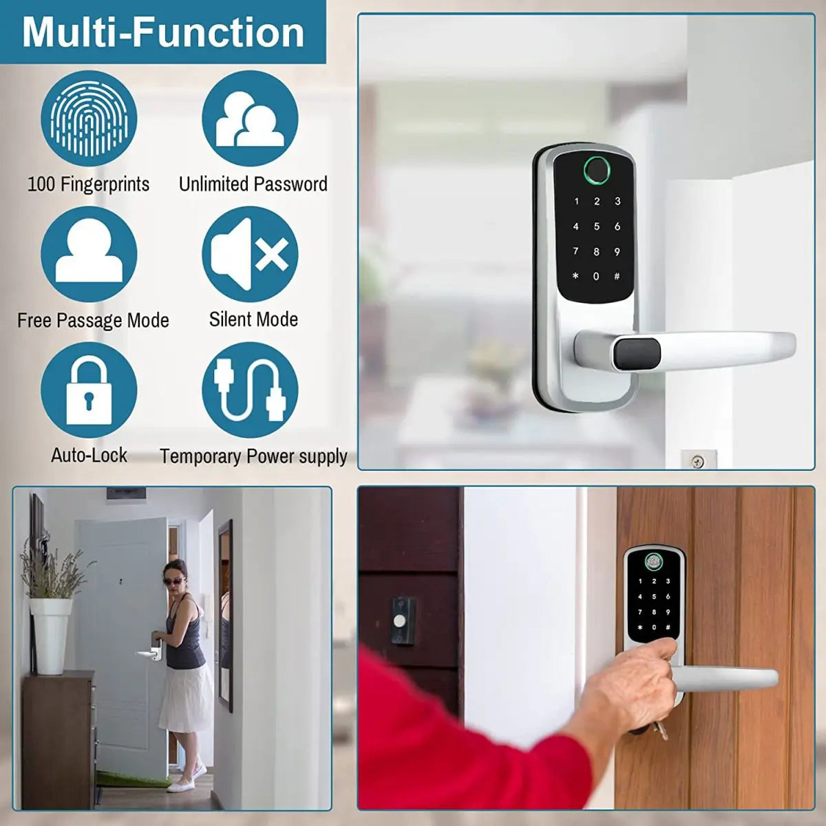 TTLOCK Titan™ – Serratura Smart WiFi con Impronta, Codice, Card, Chiave e Ricarica USB d’Emergenza