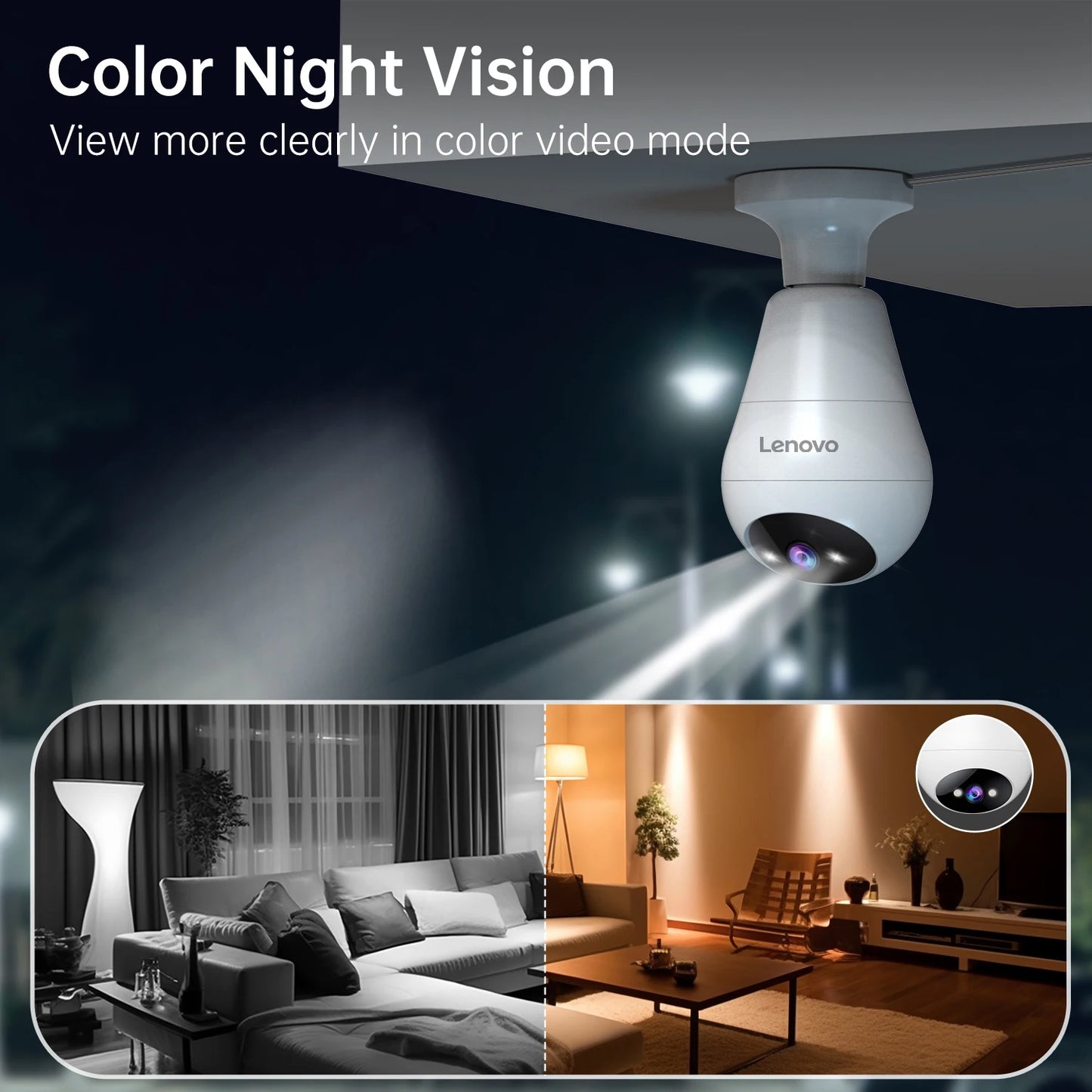 Telecamera WiFi Lenovo 3MP a Lampadina E27 – Sorveglianza Smart con Visione Notturna a Colori
