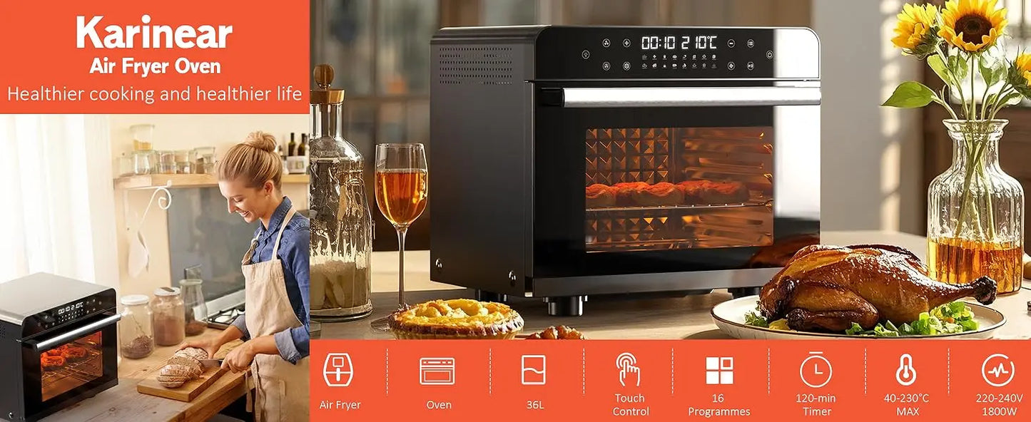 Karinear Air Fryer Oven 36L – Forno 10 in 1 in Acciaio Inox  Doppio Vetro, Accessori Inclusi, 1800W