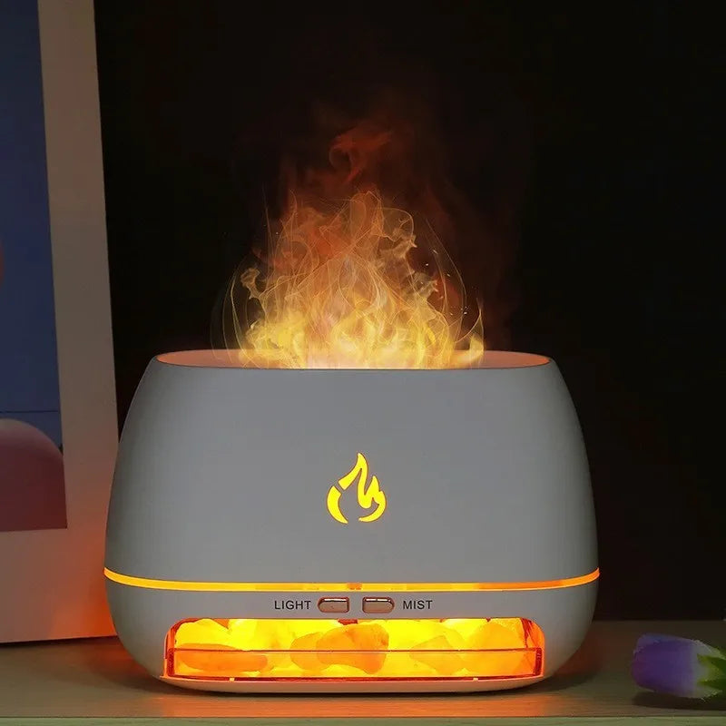 Diffusore di Aromi "Cristallo Himalayano" – Umidificatore con Pietra di Sale, Fiamma 3D e Luce Notturna Colorata
