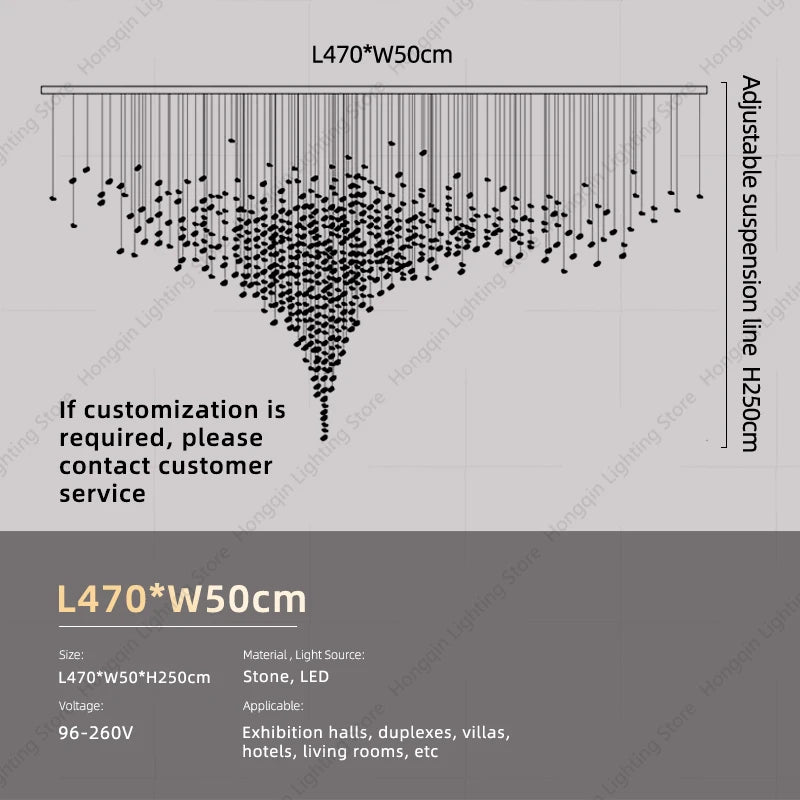 Lampadario Artistico Irregolare con Pietre e Cristalli LED per Hotel, Lobby e Scale - Design Black Art