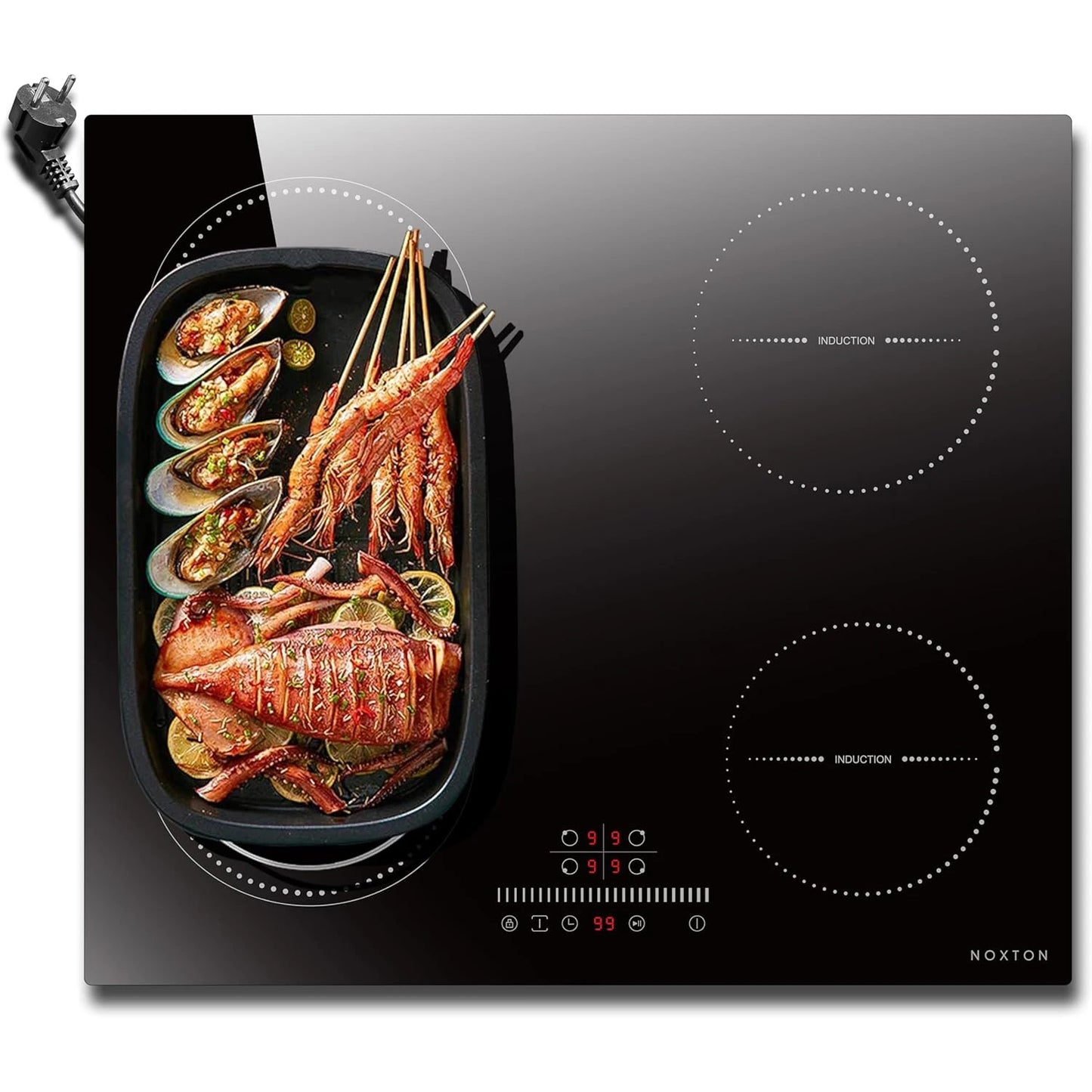 Piano Cottura a Induzione NOXTON 60CM – 4 Zone + Grill, Plug-in, Vetro Ceramico, Touch & Sicurezza  2800W UK / 3500W EU