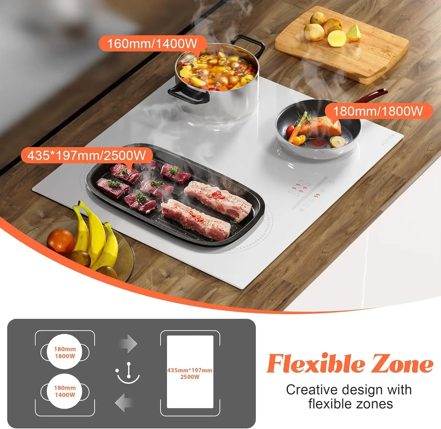 Piano Cottura a Induzione NOXTON 60CM – 4 Zone + Grill, Plug-in, Vetro Ceramico, Touch & Sicurezza  2800W UK / 3500W EU