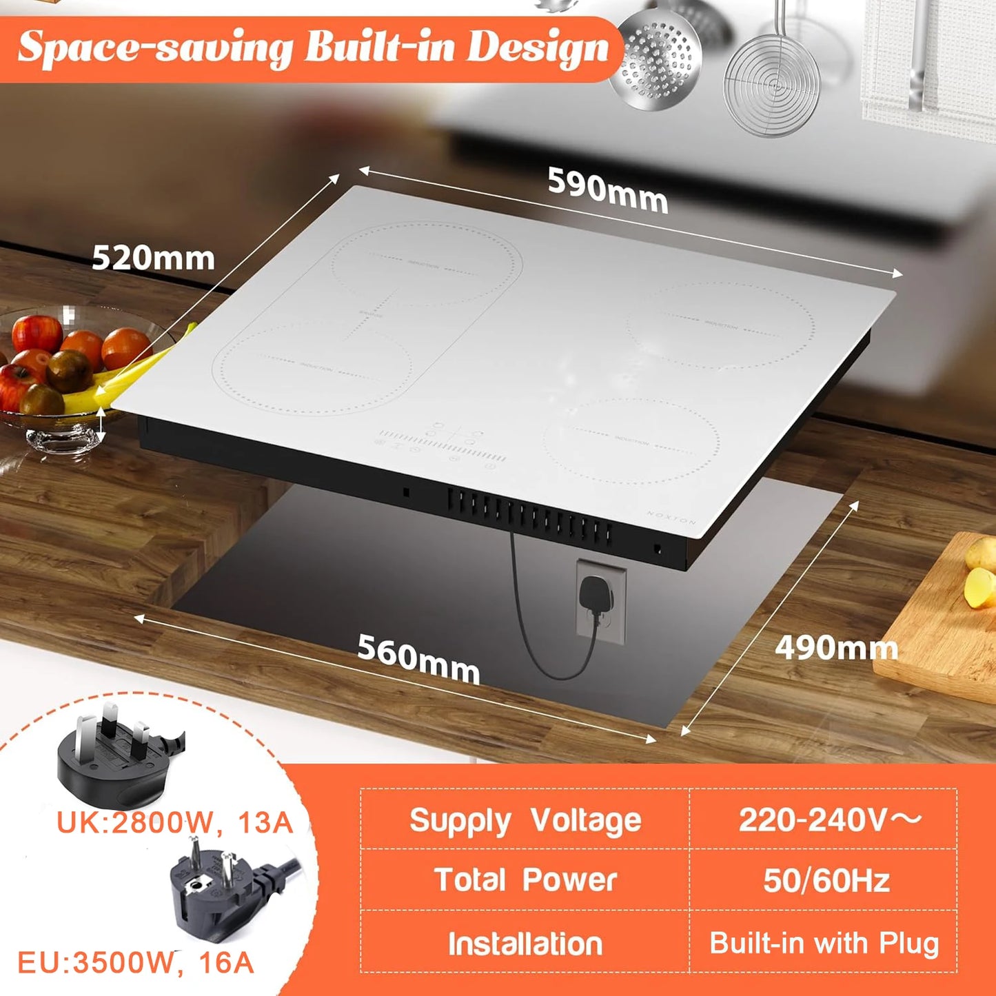 Piano Cottura a Induzione NOXTON 60CM – 4 Zone + Grill, Plug-in, Vetro Ceramico, Touch & Sicurezza  2800W UK / 3500W EU