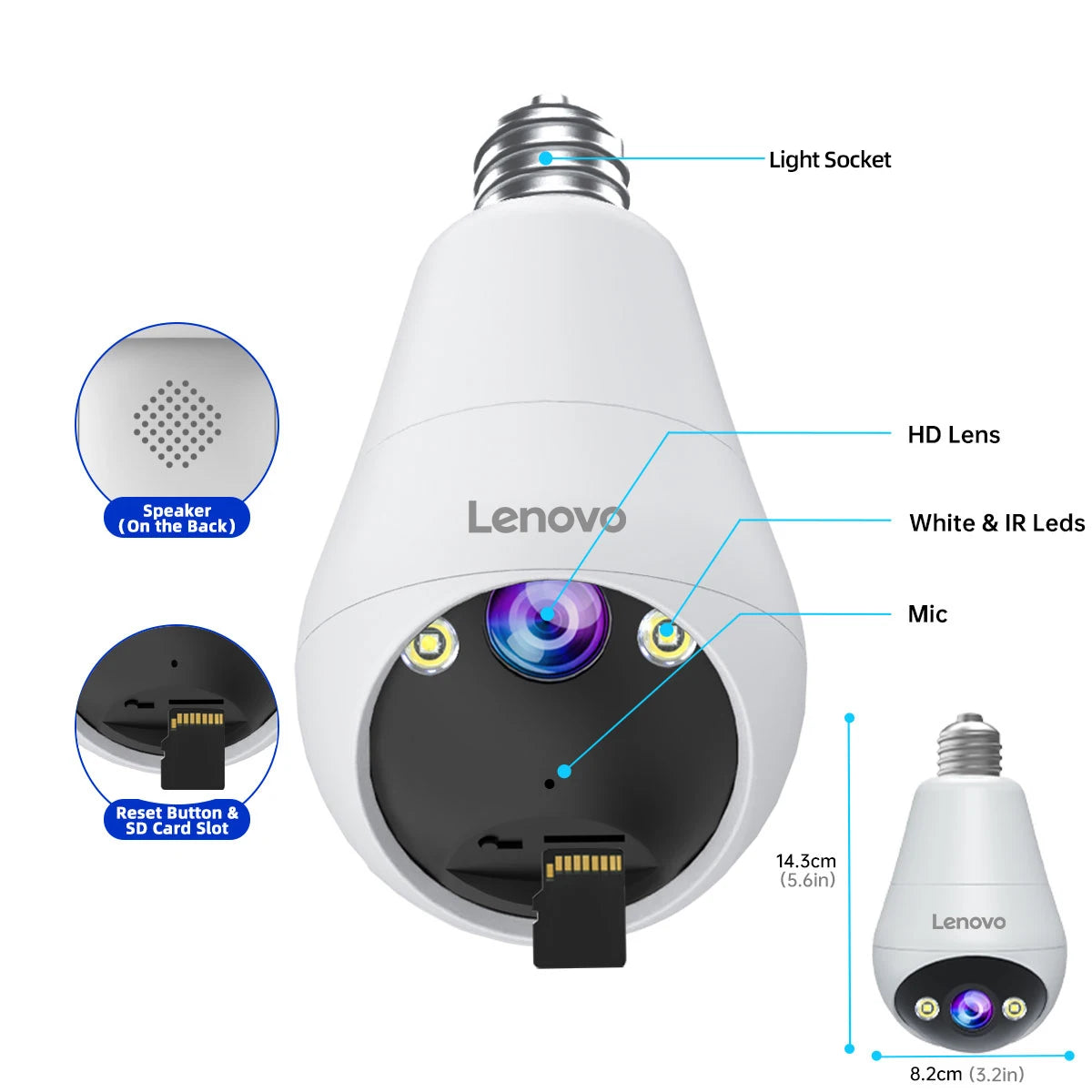 Telecamera WiFi Lenovo 3MP a Lampadina E27 – Sorveglianza Smart con Visione Notturna a Colori