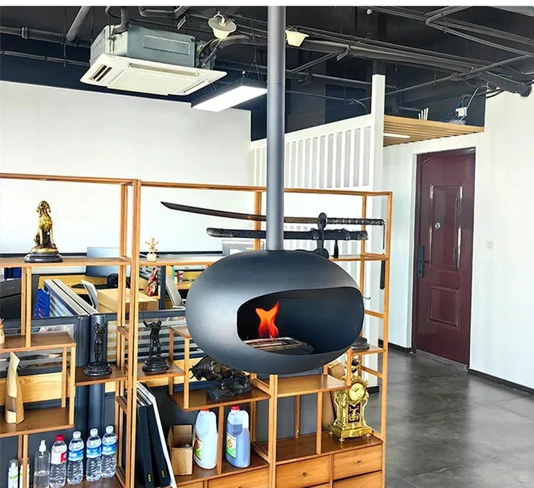 Camino Sospeso a Bioetanolo – Fiamma Reale, Design da Soffitto, Riscaldamento Decorativo Indoor, Senza Fumo né Canne Fumarie