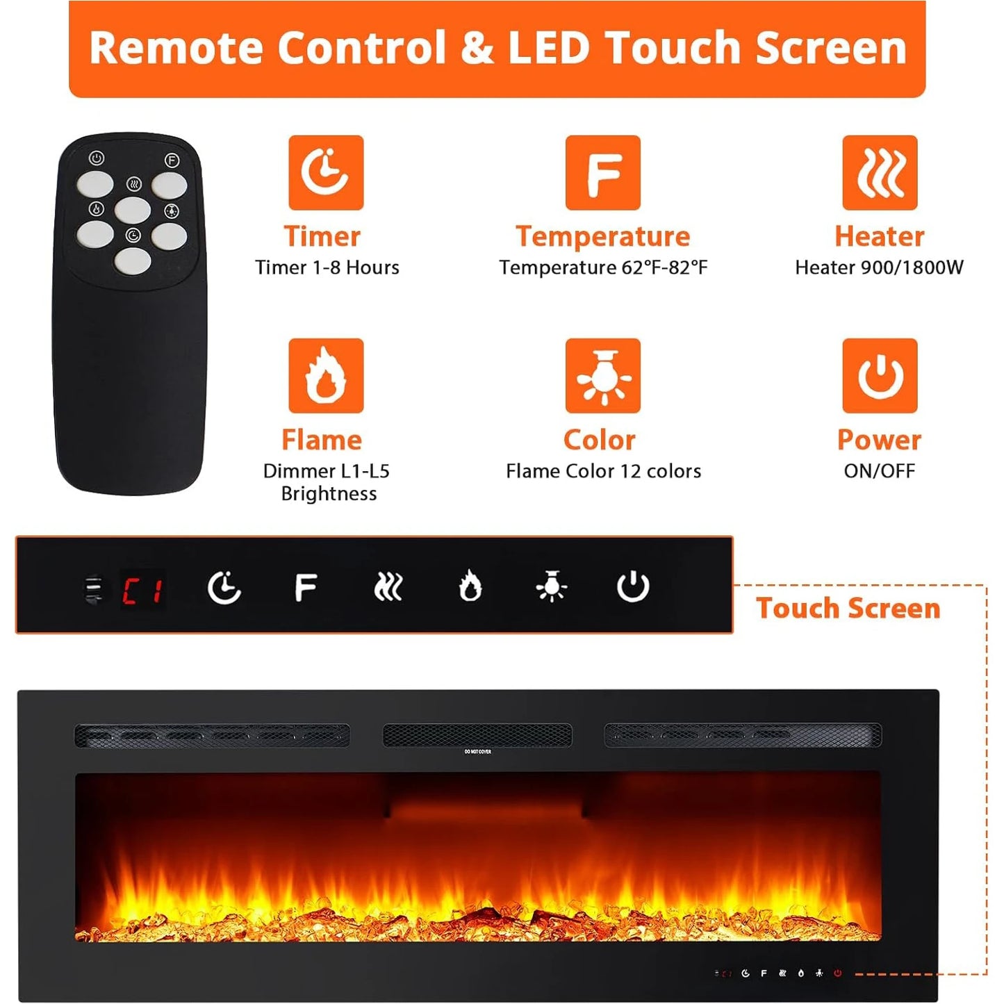 Camino Elettrico da Parete 40/50/60" – 1500W, 220V, Effetto Fiamma Realistico, 12 LED Colorati, 2 Livelli di Riscaldamento, Design Moderno 3D