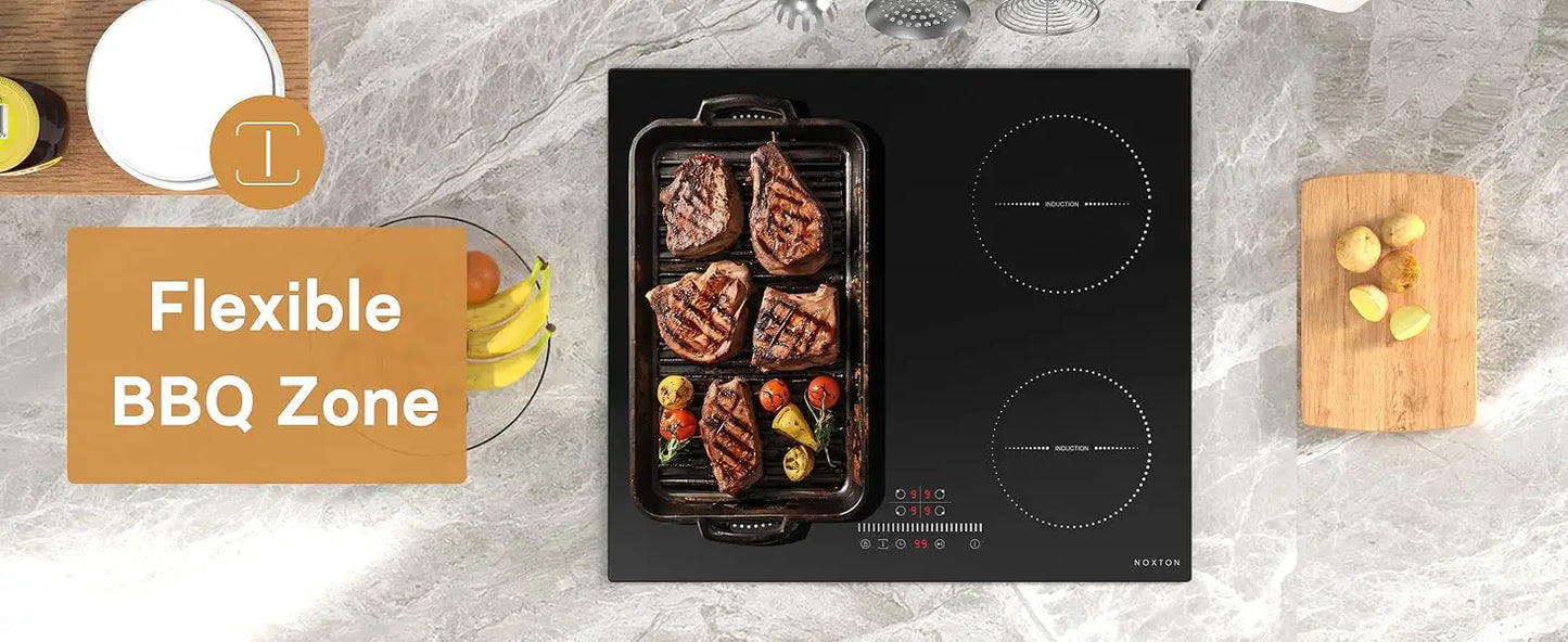 Piano Cottura a Induzione NOXTON 60CM – 4 Zone + Grill, Plug-in, Vetro Ceramico, Touch & Sicurezza  2800W UK / 3500W EU