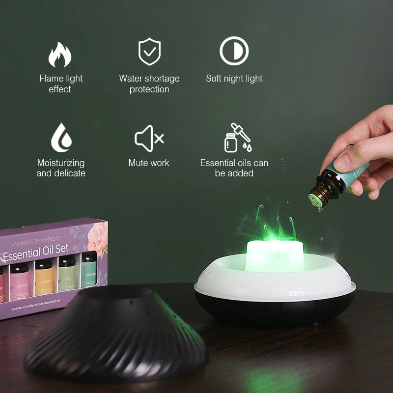 Mini Diffusore Vulcanico USB 130ml – Umidificatore Portatile con Luce Notturna Fiamma Colorata per Oli Essenziali