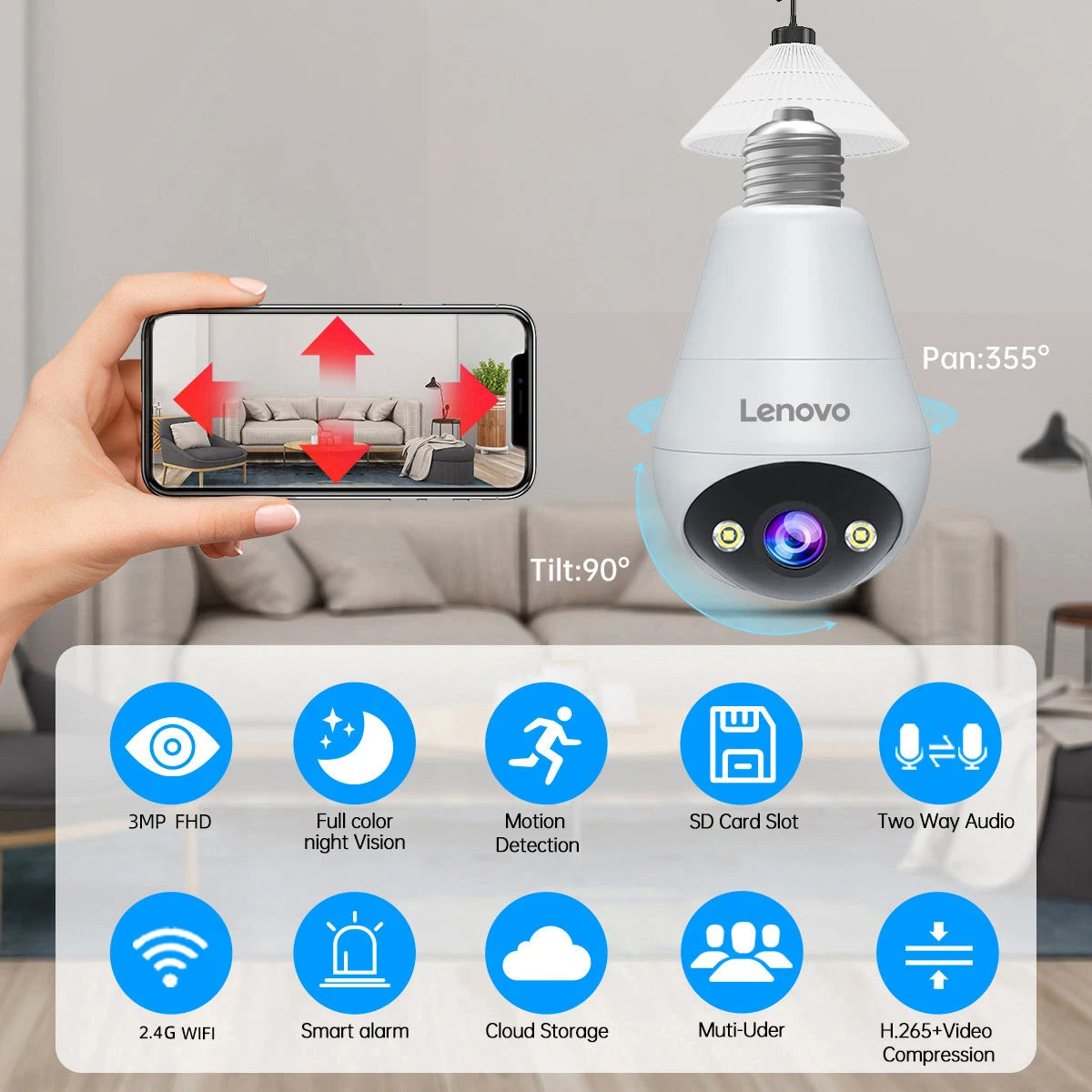 Telecamera WiFi Lenovo 3MP a Lampadina E27 – Sorveglianza Smart con Visione Notturna a Colori
