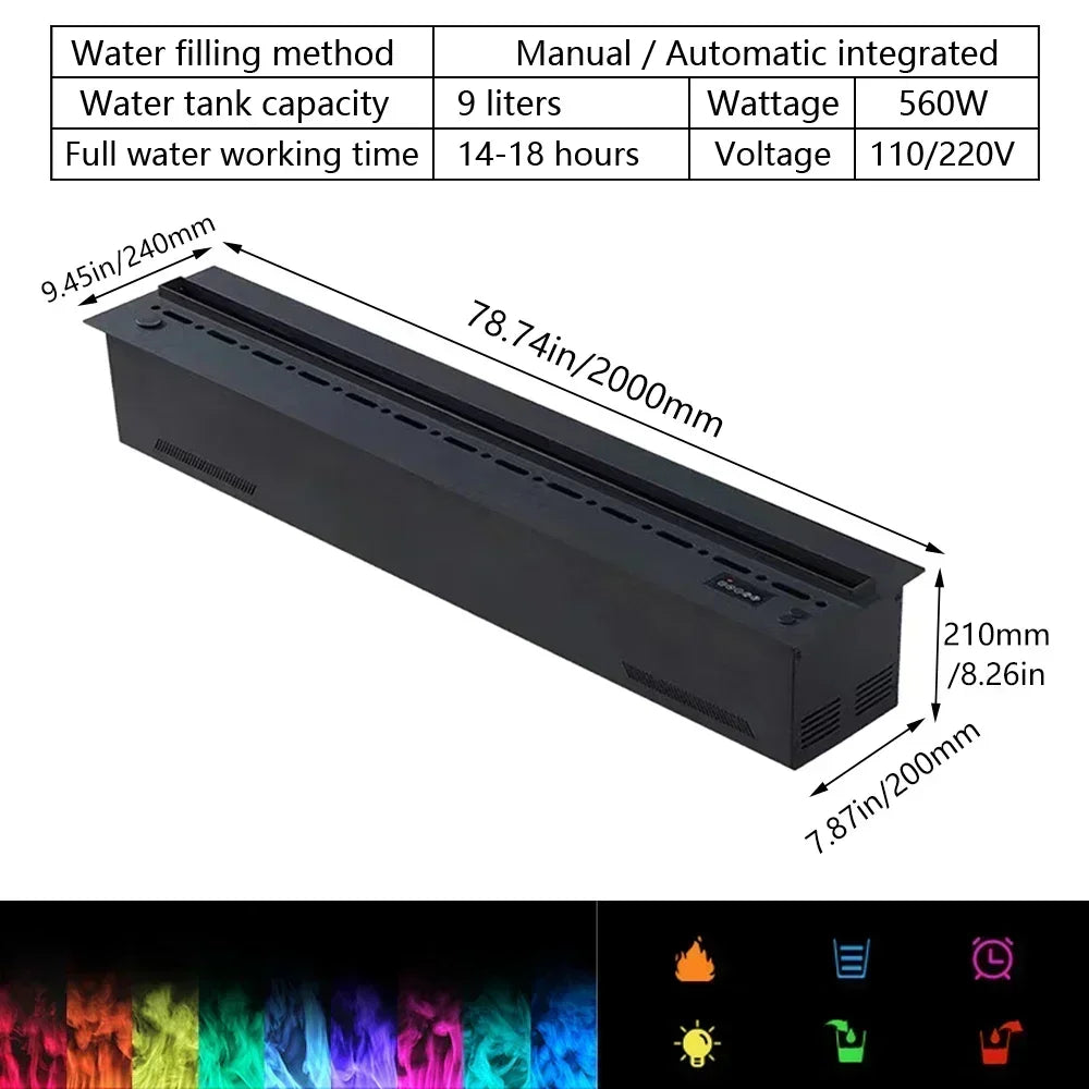 Camino Elettrico 3D a Vapore con LED Fiamma Realistica, Umidificatore, Suono Legna Scoppiettante – Design da Parete per Smart Home e TV Wall