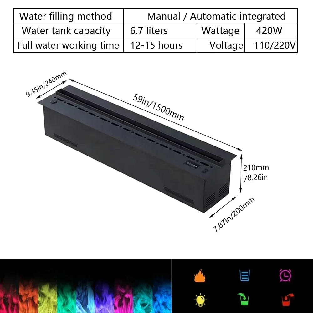 Camino Elettrico 3D a Vapore con LED Fiamma Realistica, Umidificatore, Suono Legna Scoppiettante – Design da Parete per Smart Home e TV Wall