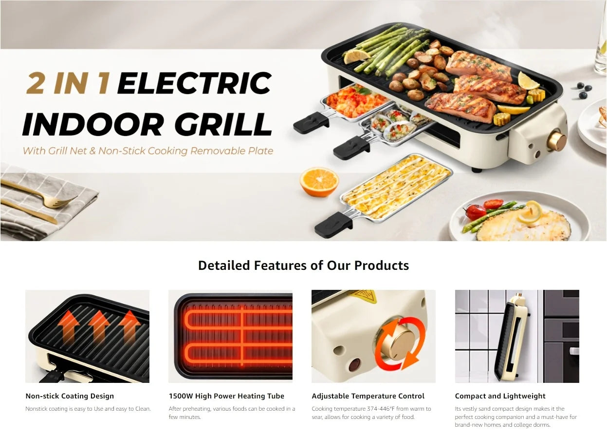 Grill Elettrico Portatile 1500W – Piastra Antiaderente Rimovibile  Acciaio Inox 304, US Plug, Ideale per Barbecue Indoor