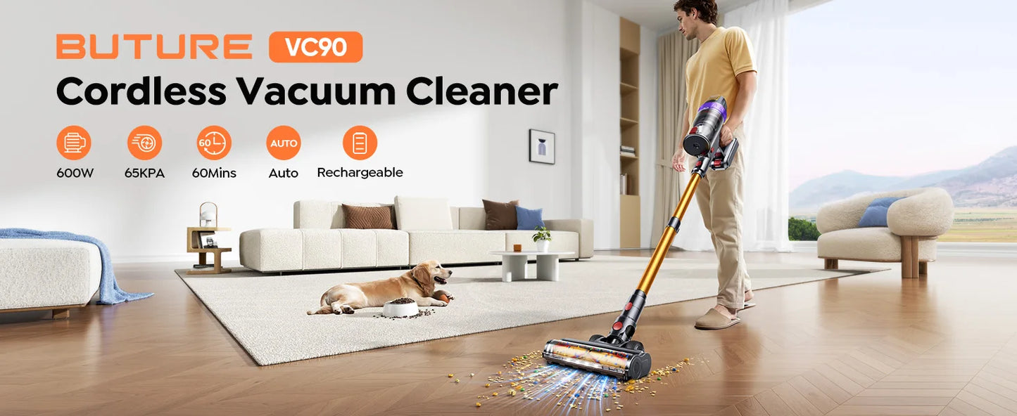 BUTURE VC90 PowerClean™ – Aspirapolvere Smart Senza Fili 600W con Batteria Rimovibile e Spazzola Antiacaro