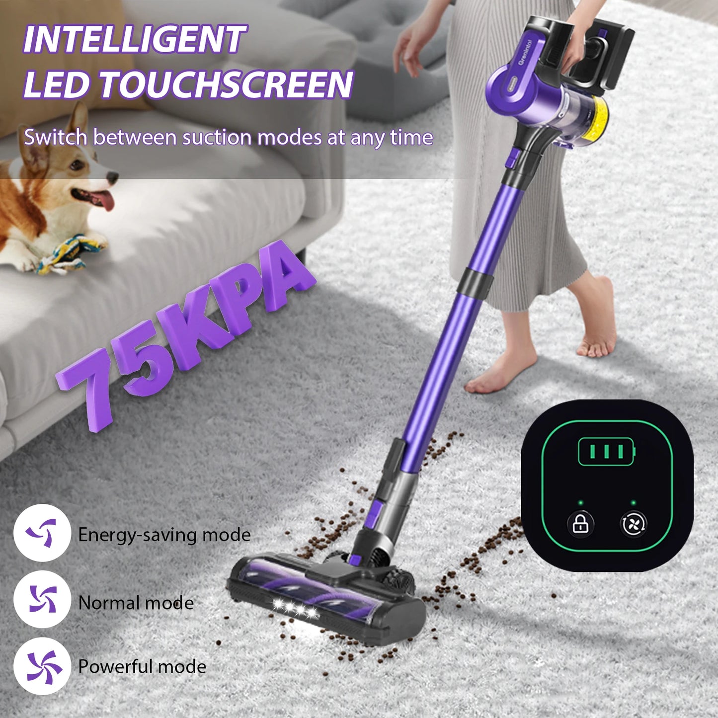 Grenintol StormVac™ – Aspirapolvere Smart Senza Fili 500W con 75KPA, Batteria Rimovibile e Serbatoio Antipolvere
