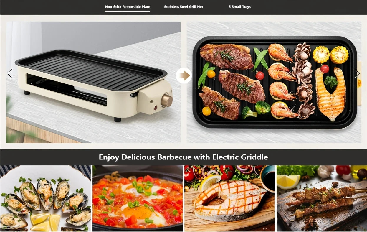Grill Elettrico Portatile 1500W – Piastra Antiaderente Rimovibile  Acciaio Inox 304, US Plug, Ideale per Barbecue Indoor