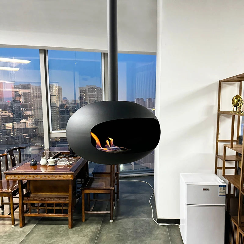 Camino Sospeso a Bioetanolo – Fiamma Reale, Design da Soffitto, Riscaldamento Decorativo Indoor, Senza Fumo né Canne Fumarie