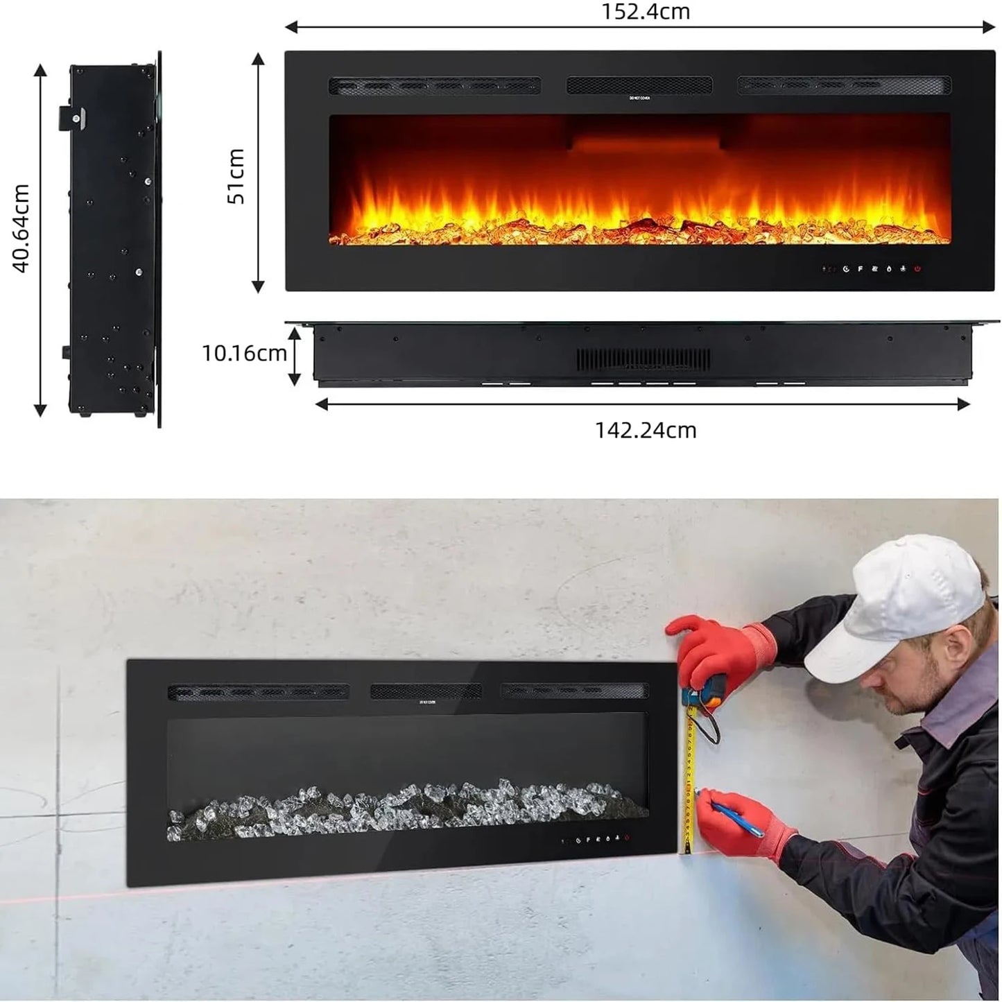 Camino Elettrico da Parete 40/50/60" – 1500W, 220V, Effetto Fiamma Realistico, 12 LED Colorati, 2 Livelli di Riscaldamento, Design Moderno 3D