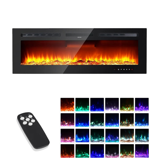 Camino Elettrico da Parete 40/50/60" – 1500W, 220V, Effetto Fiamma Realistico, 12 LED Colorati, 2 Livelli di Riscaldamento, Design Moderno 3D