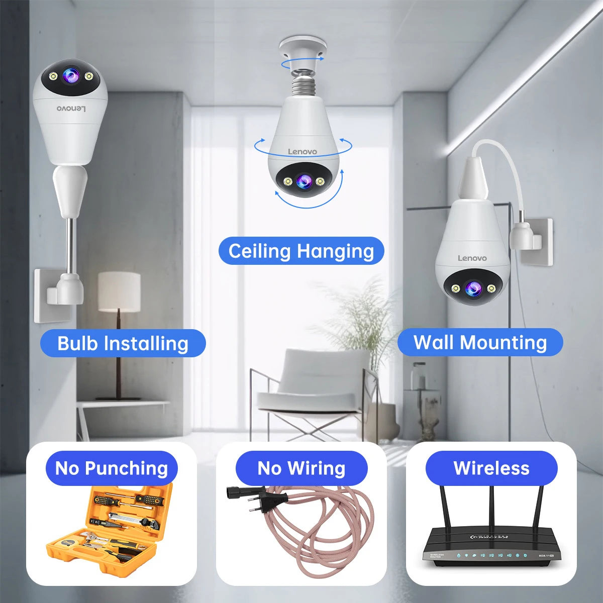 Telecamera WiFi Lenovo 3MP a Lampadina E27 – Sorveglianza Smart con Visione Notturna a Colori