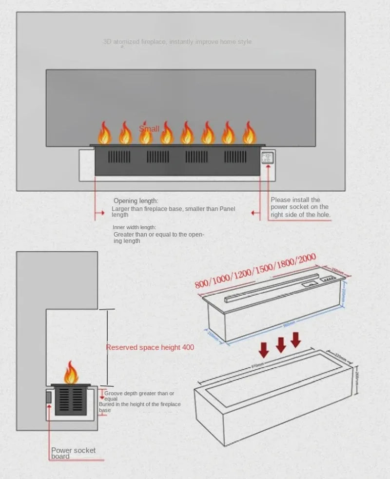 Camino Elettrico 3D a Vapore con LED Fiamma Realistica, Umidificatore, Suono Legna Scoppiettante – Design da Parete per Smart Home e TV Wall