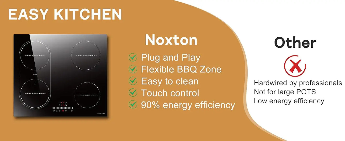 Piano Cottura a Induzione NOXTON 60CM – 4 Zone + Grill, Plug-in, Vetro Ceramico, Touch & Sicurezza  2800W UK / 3500W EU
