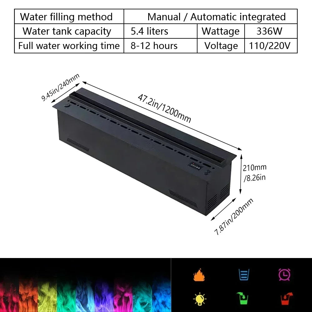 Camino Elettrico 3D a Vapore con LED Fiamma Realistica, Umidificatore, Suono Legna Scoppiettante – Design da Parete per Smart Home e TV Wall
