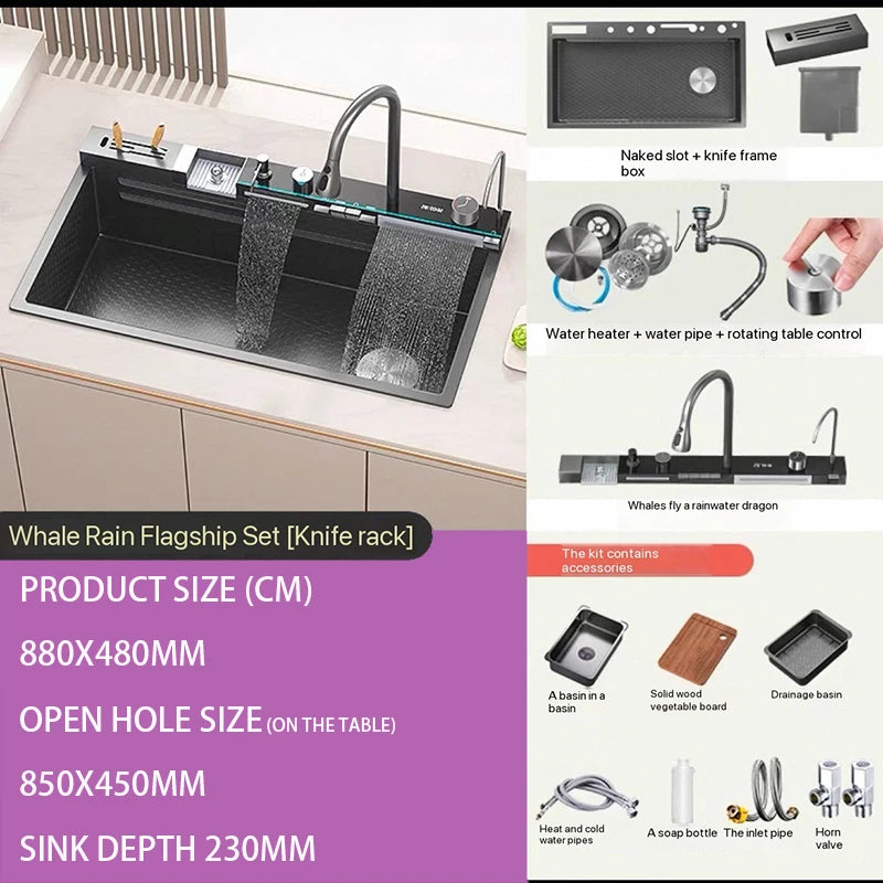 Lavello Cucina Acciaio Inox 304 Nano Black con Rubinetto Digitale a Cascata