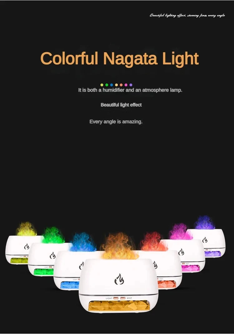 Diffusore di Aromi "Cristallo Himalayano" – Umidificatore con Pietra di Sale, Fiamma 3D e Luce Notturna Colorata