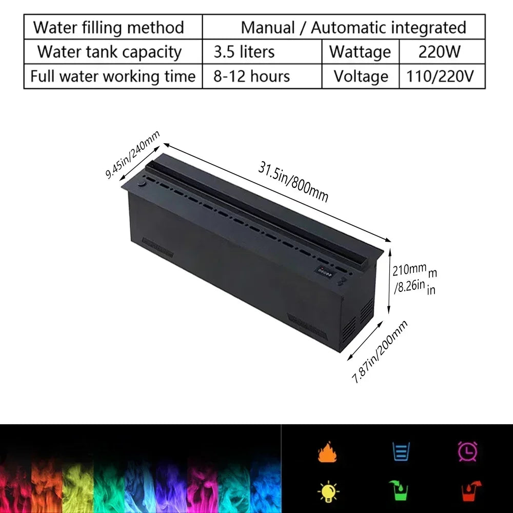 Camino Elettrico 3D a Vapore con LED Fiamma Realistica, Umidificatore, Suono Legna Scoppiettante – Design da Parete per Smart Home e TV Wall