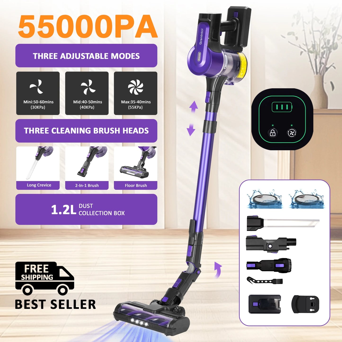 Grenintol StormVac™ – Aspirapolvere Smart Senza Fili 500W con 75KPA, Batteria Rimovibile e Serbatoio Antipolvere