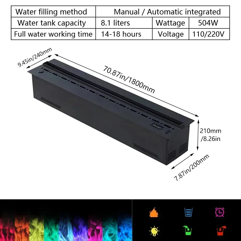 Camino Elettrico 3D a Vapore con LED Fiamma Realistica, Umidificatore, Suono Legna Scoppiettante – Design da Parete per Smart Home e TV Wall