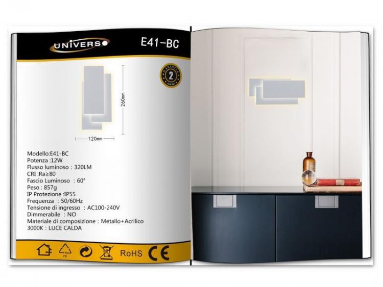 Applique LED da Parete 12W – Vetro Moderno, Luce Bianca Calda 3000K, Design Elegante E41-BC