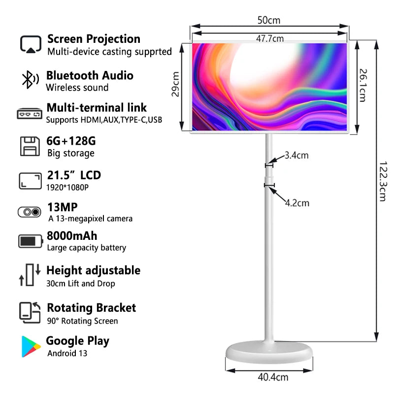 Smart TV Portatile 21.5" Android Touch Screen Full HD | Regolabile in Altezza | Batteria 8000mAh | Fotocamera 13MP
