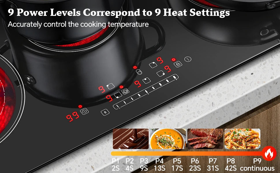 Piano Cottura Elettrico KICHPOWER 77cm 5 Zone in Vetroceramica 8500W con Controllo Touch e Blocco Sicurezza