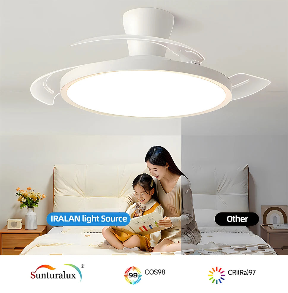 Ventilatore da Soffitto Smart con Pale Retrattili - Luce LED Dimmerabile, Controllo Remoto, Design Moderno per Soggiorno