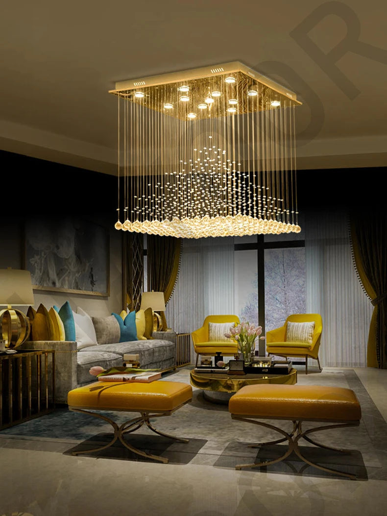 Lampadario Quadrato in Cristallo K9 con Sfere Pendenti LED e Effetto Cascata di Gocce