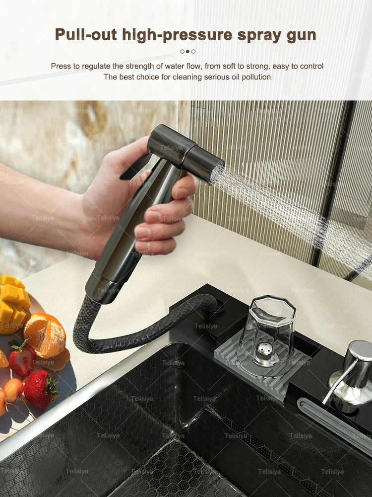 Lavello Cucina Acciaio Inox con Cascata e Display Digitale - Vasca Singola Extra Large Multifunzione