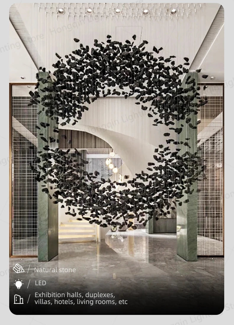Lampadario Artistico Irregolare con Pietre e Cristalli LED per Hotel, Lobby e Scale - Design Black Art