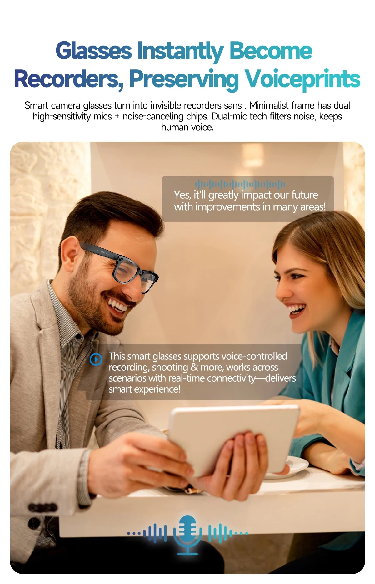 Occhiali Smart AI con Fotocamera 8MP - Traduzione 100+ Lingue, Bluetooth, Registrazione Video
